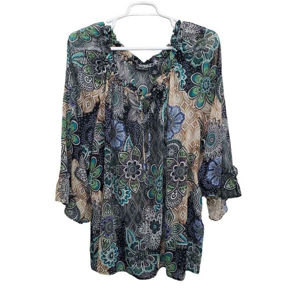 Maggie Barnes Size 5X Top Boho Floral Peasant 3/4 Bell Sleeves Lightweight Sheer - Picture 2 of 16